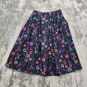 Vintage Hand Made Skirt Womens S Black‎ Floral Pleated A-Line Cotton Cottagecore